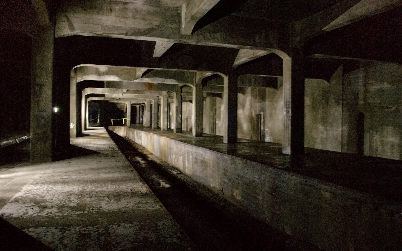 Rows of concrete columns line an abandoned subway platform and empty track bed
