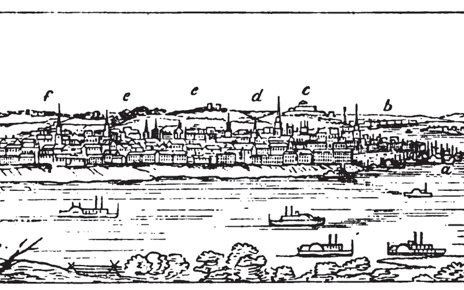 Vintage engraving of a riverside city skyline with steamboats on the water, labeled with letters