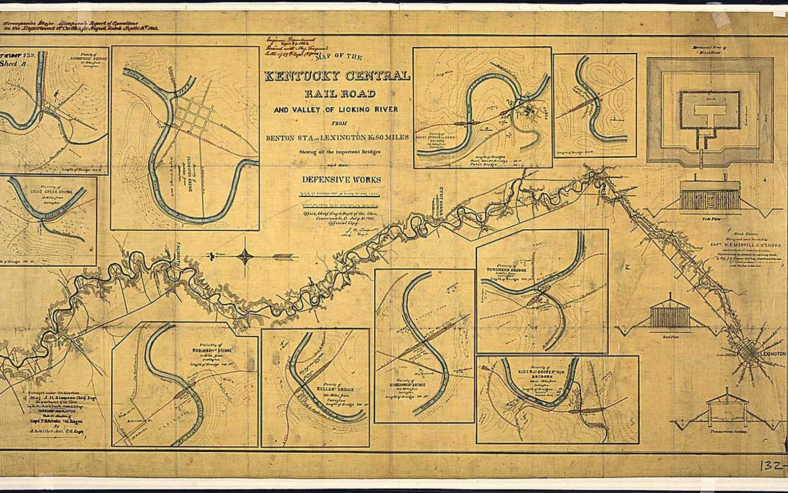 Historical map of the Kentucky Central Railroad and Licking River valley with fort and bridge diagrams