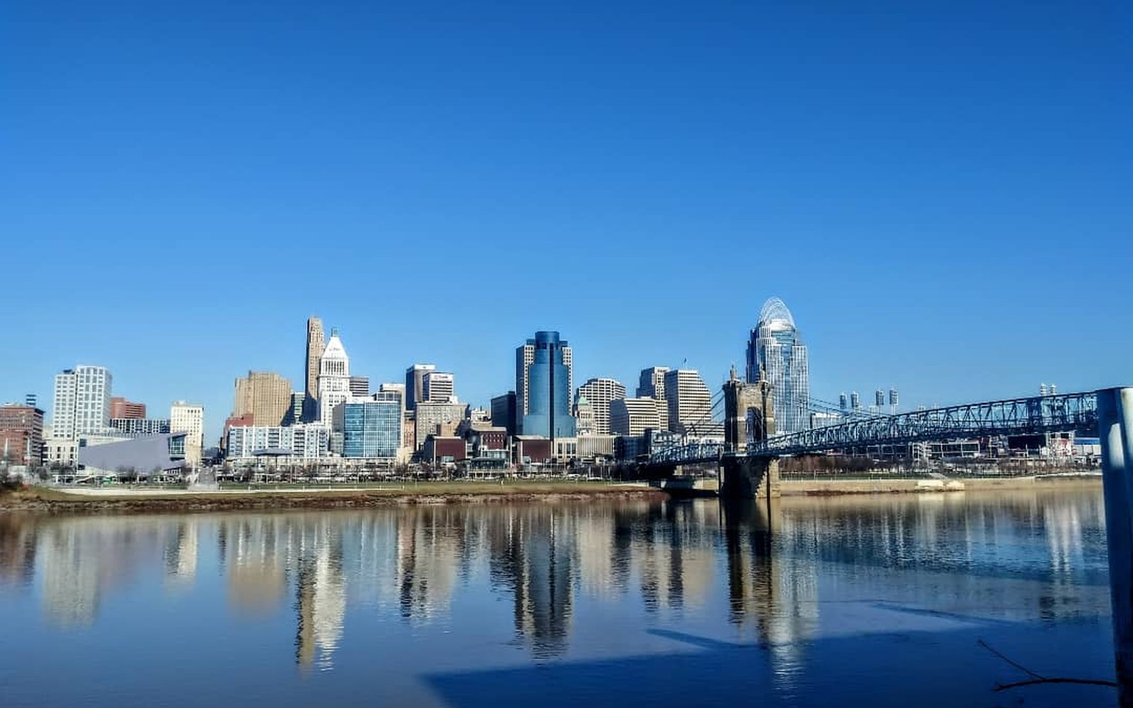 Cincinnati skyline and suspension bridge reflected in the Ohio River under clear skies